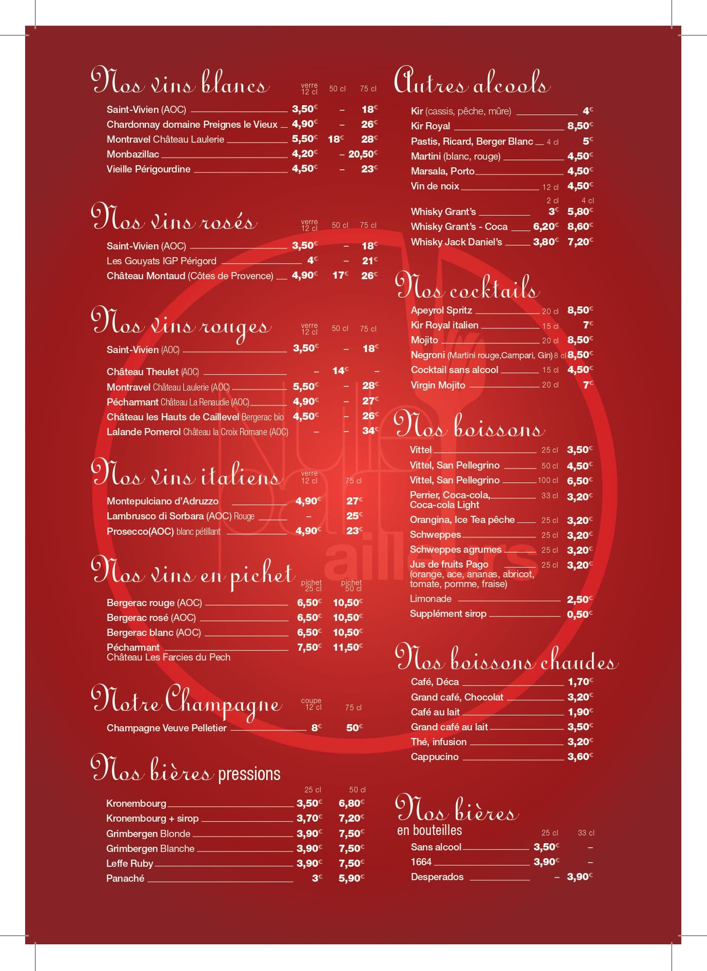 carte des boissons de la pizzeria, restaurant, bar Nulle Part Ailleurs à Trémolat