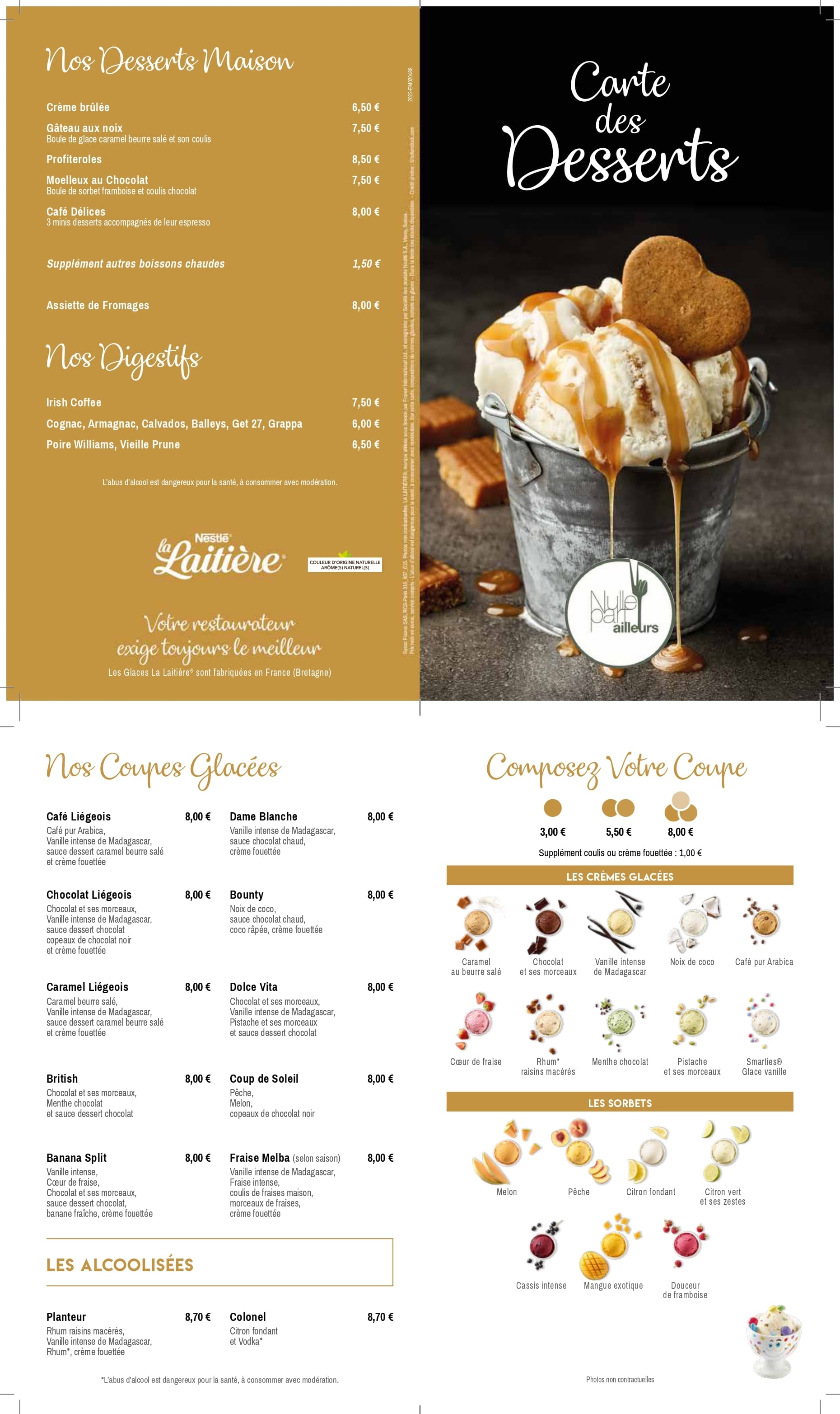 carte des desserts de la pizzeria, restaurant, bar Nulle Part Ailleurs à Trémolat